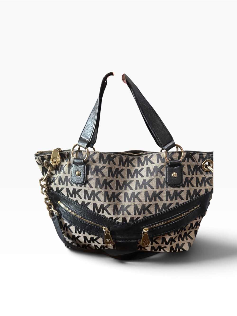 Michael Kors Beige and Black MK Logo Tote with Gold Hardware
